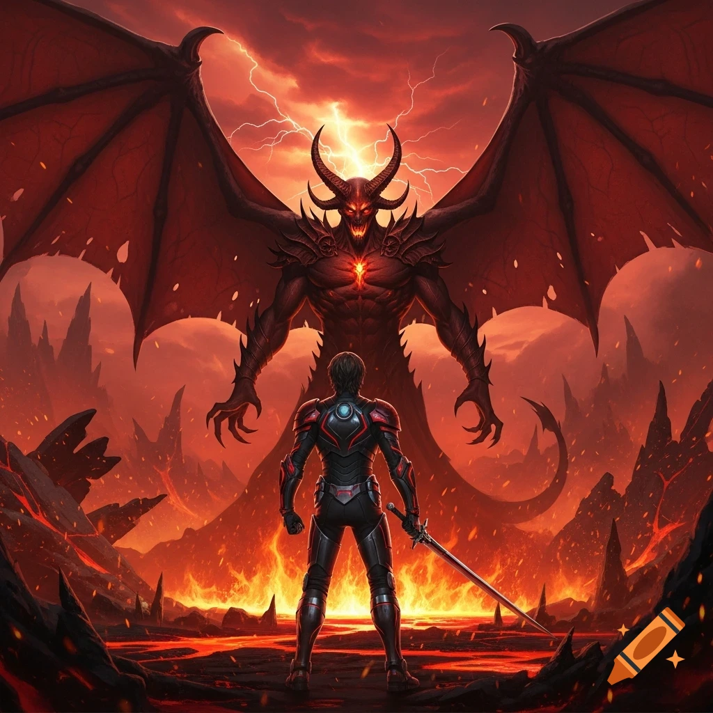 A lone warrior with a sword faces a massive horned demon with wings in a fiery, volcanic landscape under a lightning-filled sky.