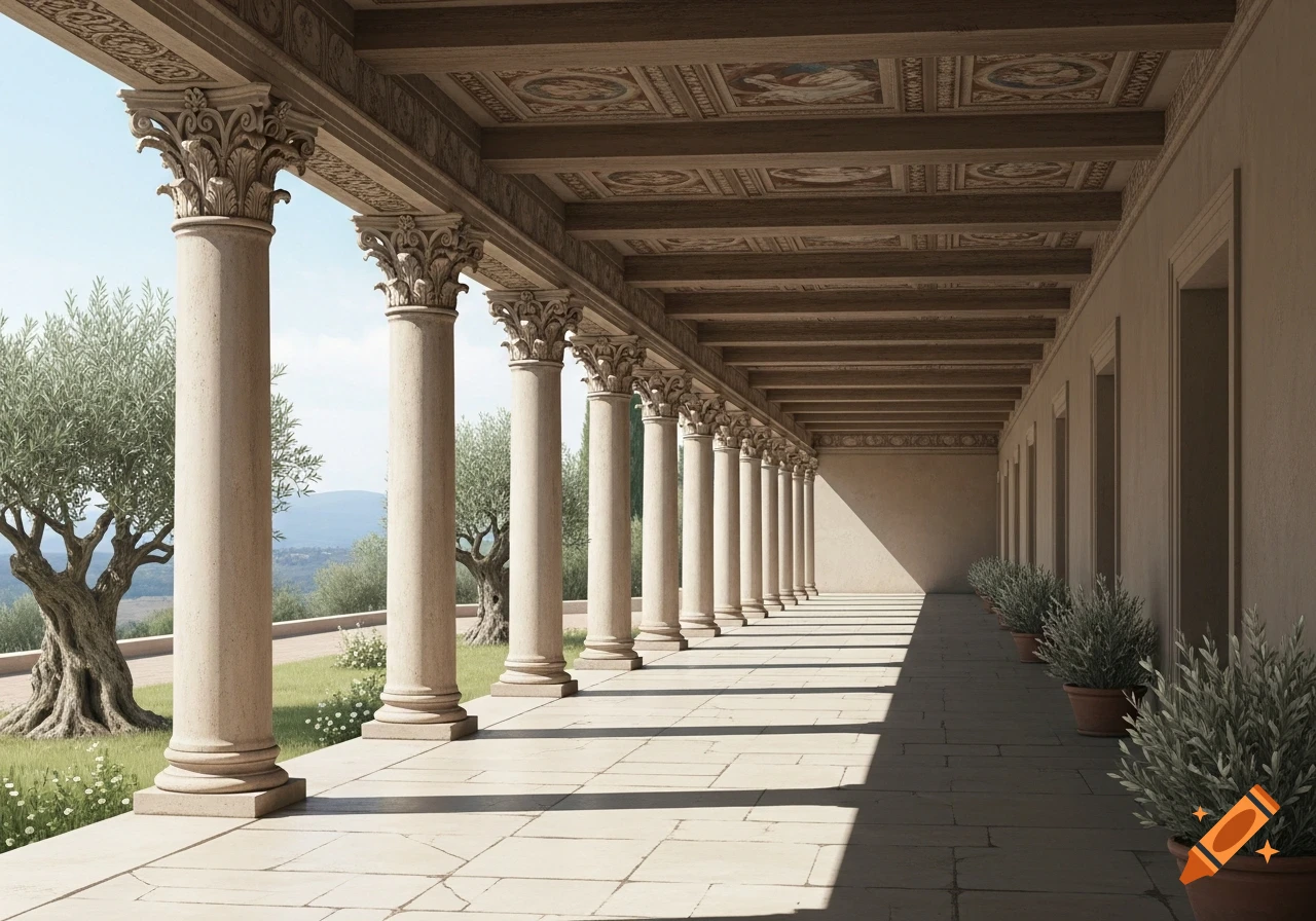 A long classical portico with Corinthian columns and painted ceiling panels, overlooking a sunny landscape with olive trees.