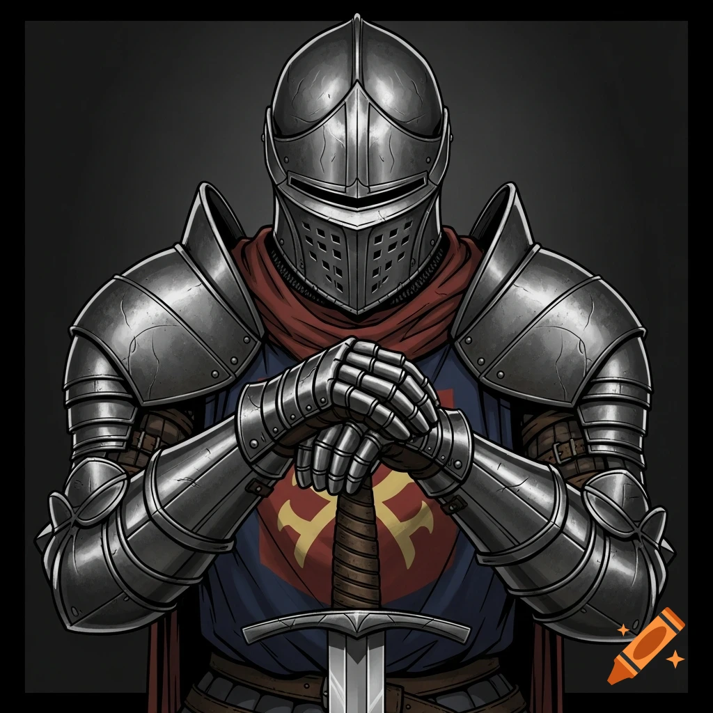 A comic-realistic illustration of a knight in heavy plate armor, wearing a red scarf, and holding a sword.