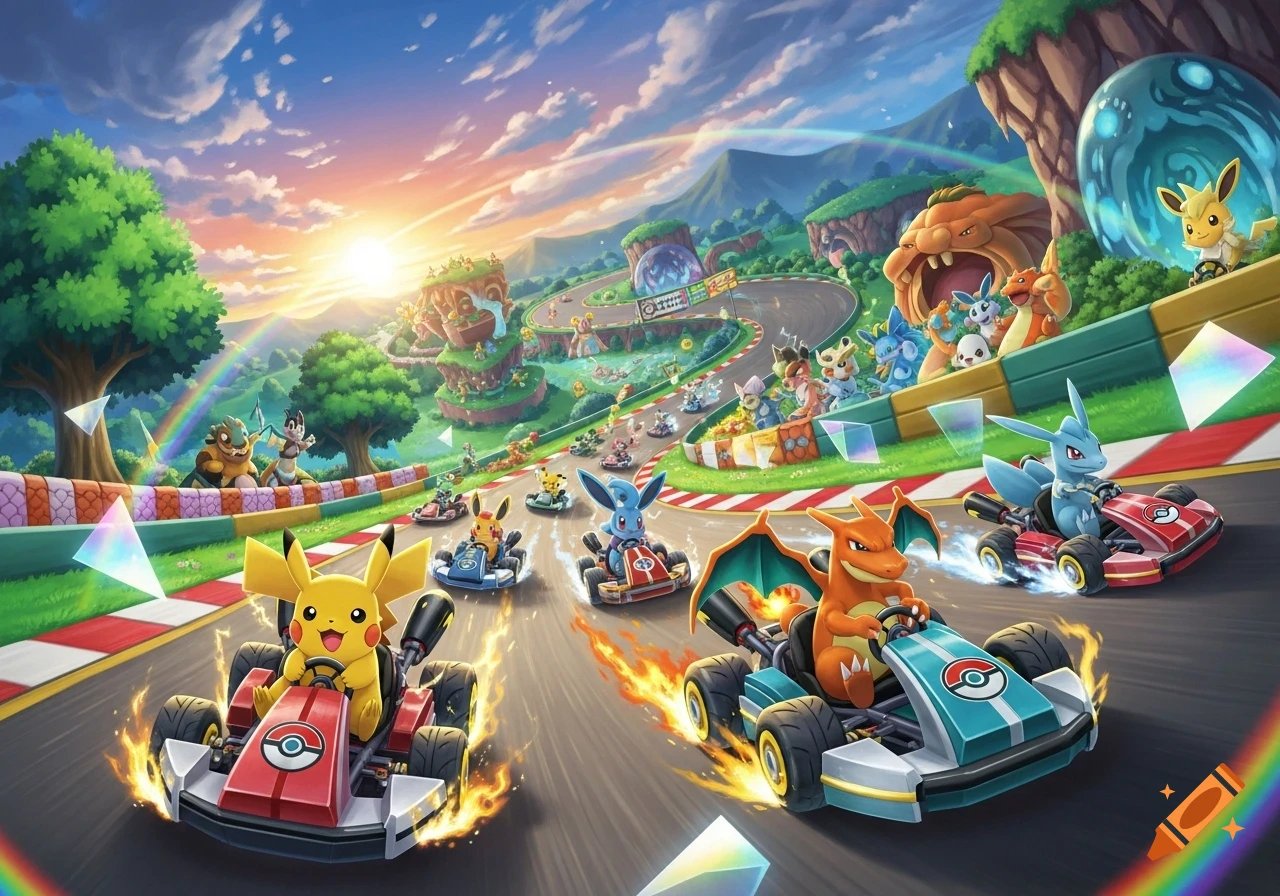 Colorful illustration of various Pok or like Pikachu and Charizard racing karts on a vibrant outdoor track with a sunset.