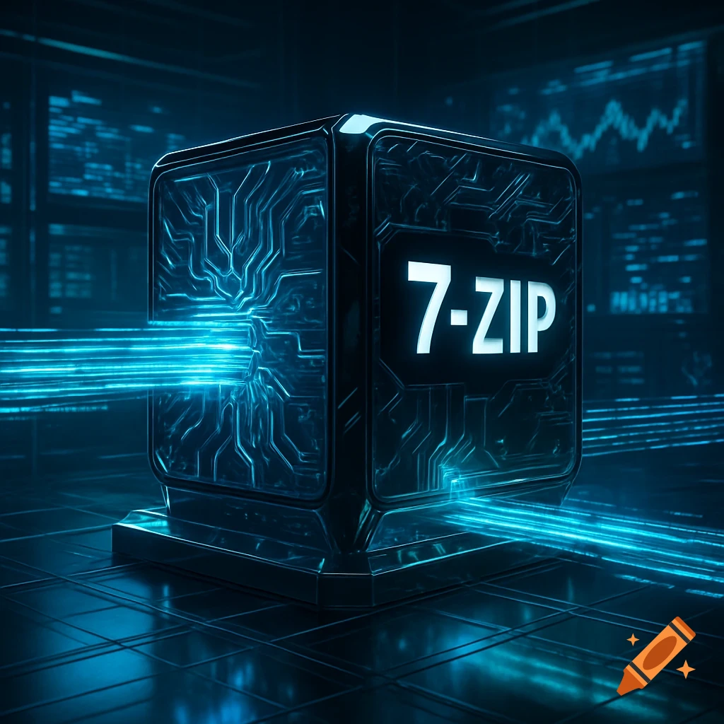A glowing black digital cube with "7-ZIP" text, emitting blue light beams on a dark, circuit-patterned background with data graphs.