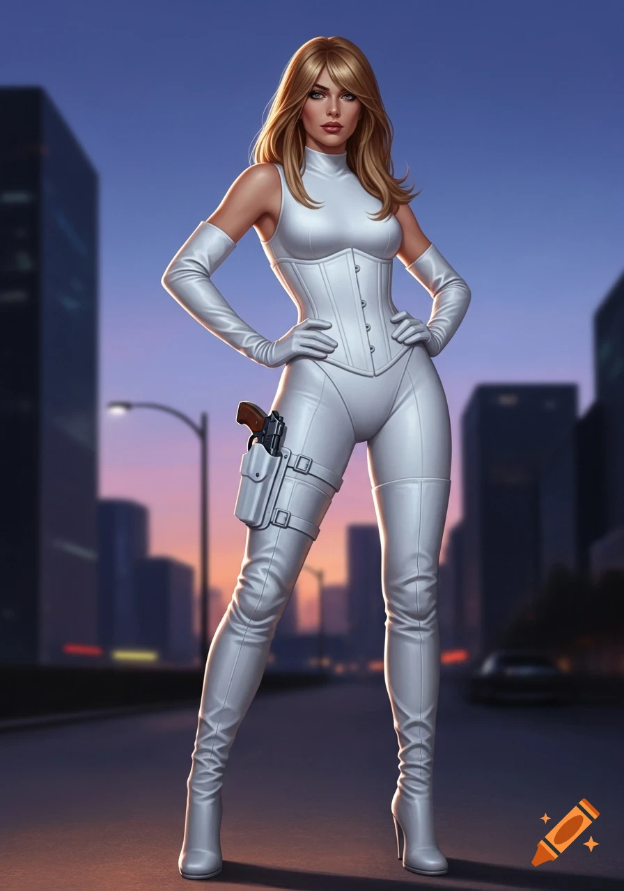A blonde woman in a tight white catsuit, corset, gloves, and knee-high boots with a holstered pistol stands on a city street at dusk. Digital art.
