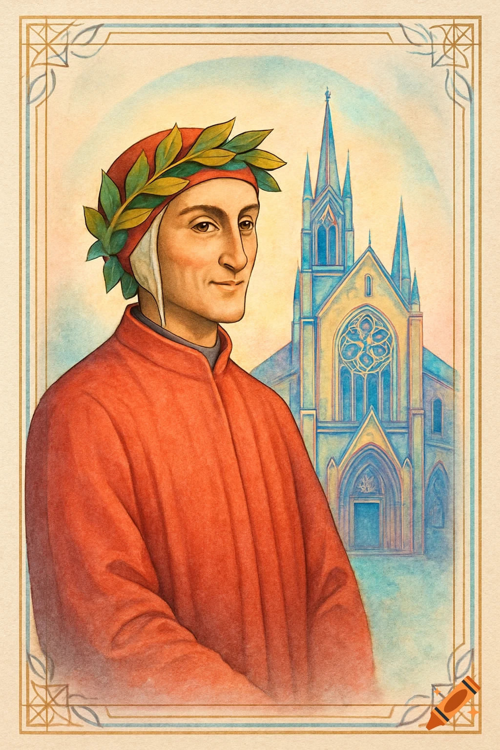 Watercolor illustration of Dante Alighieri in a red robe and laurel wreath, with a Gothic church in the background.