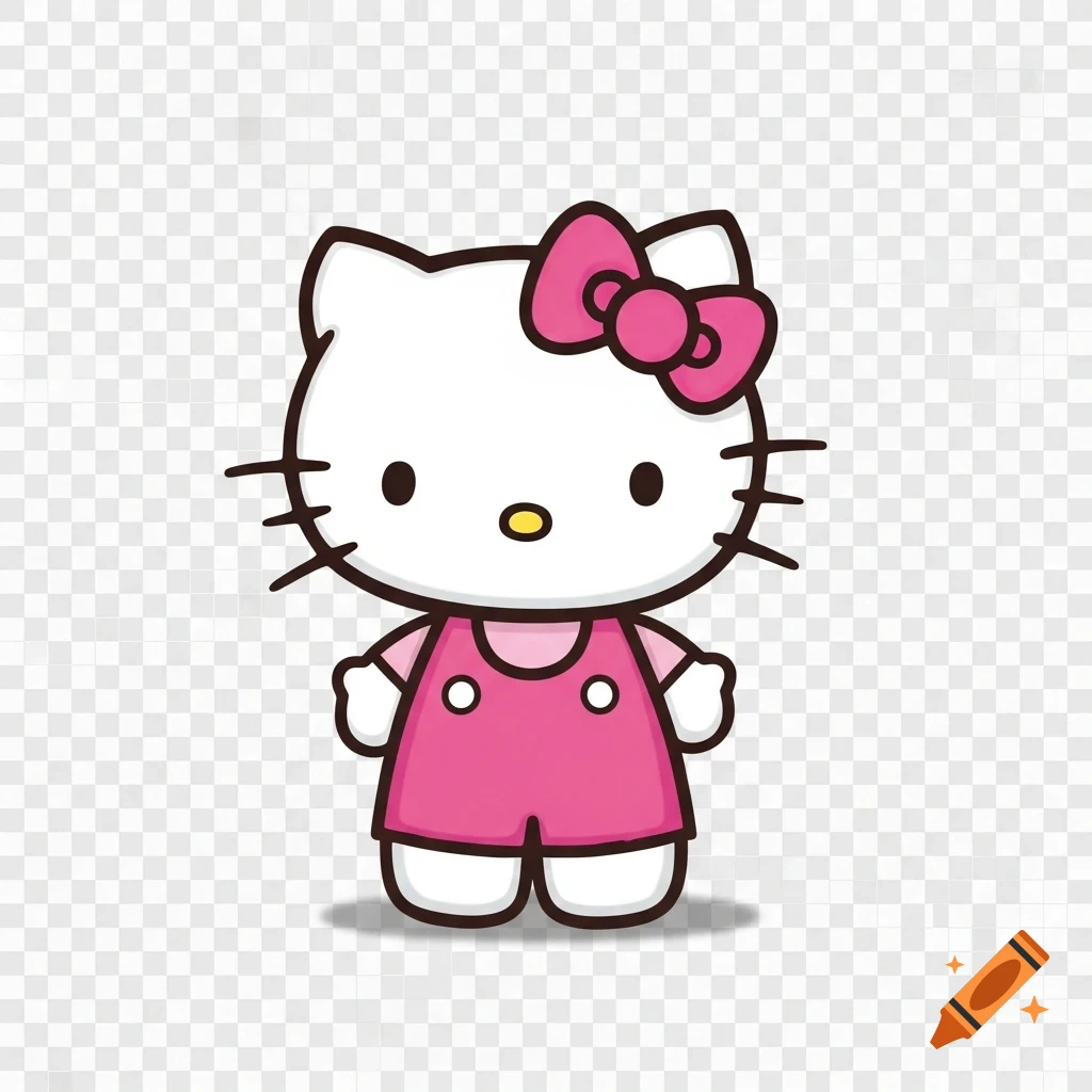 A cute cartoon illustration of Hello Kitty, a white cat-like character with a pink bow and a pink dress, on a transparent background.