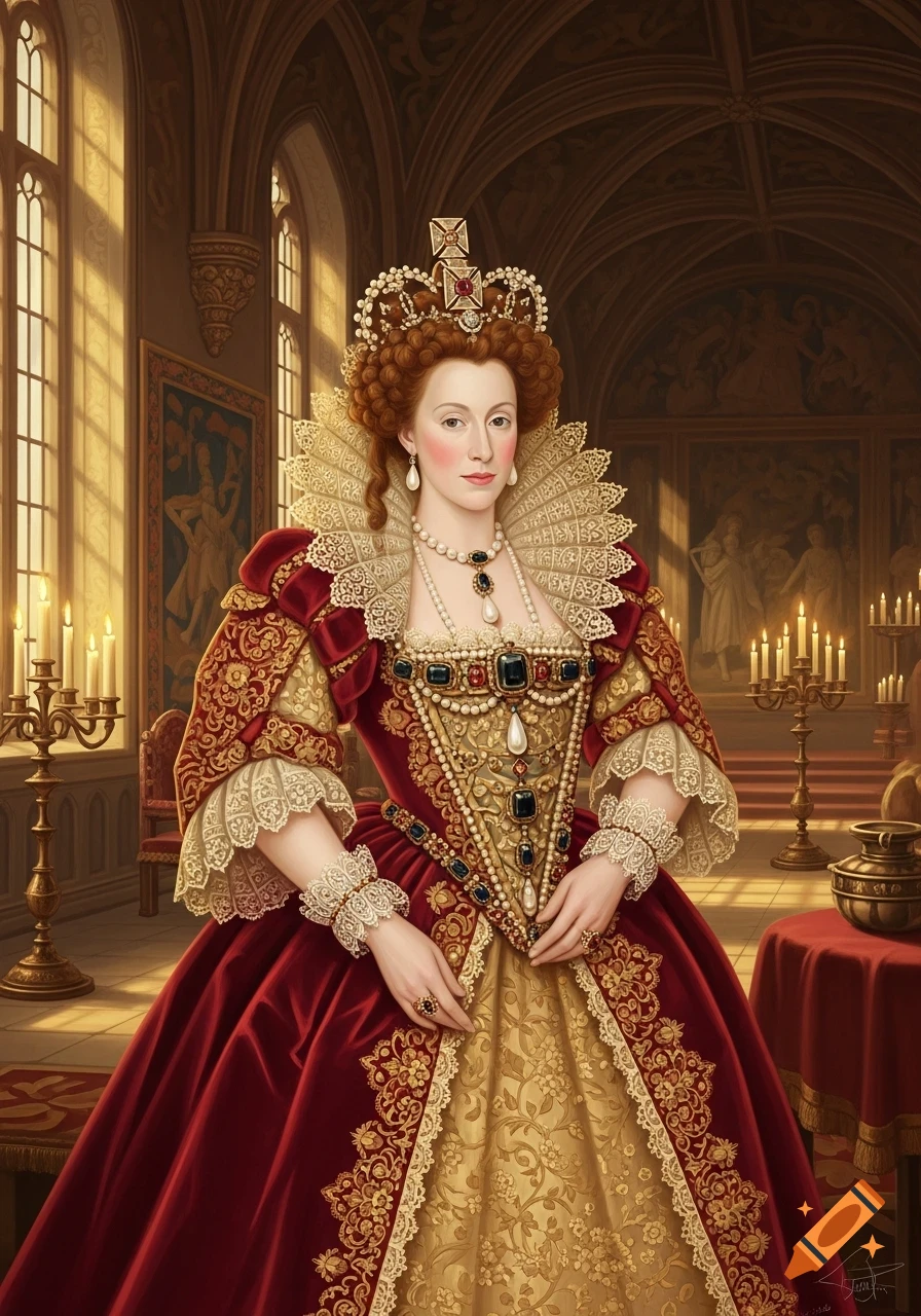 Portrait of a woman with red hair, in an ornate red and gold gown with a large ruff and crown, in a grand palace.