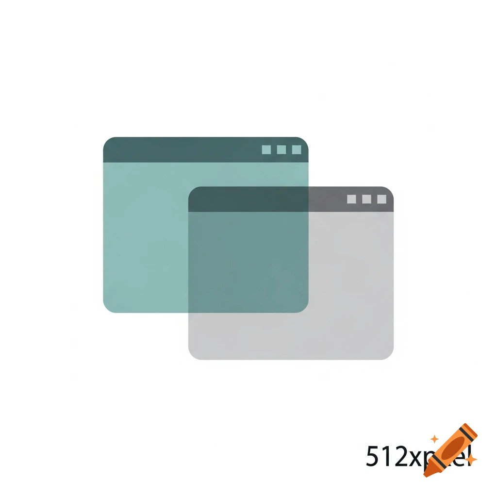 A minimalist illustration of two overlapping, transparent app windows with rounded corners, in teal and grey.