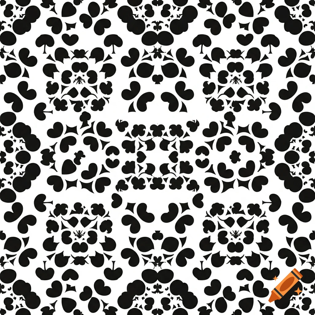 Black and white symmetrical abstract pattern of repeating card suit symbols, primarily clubs and hearts.