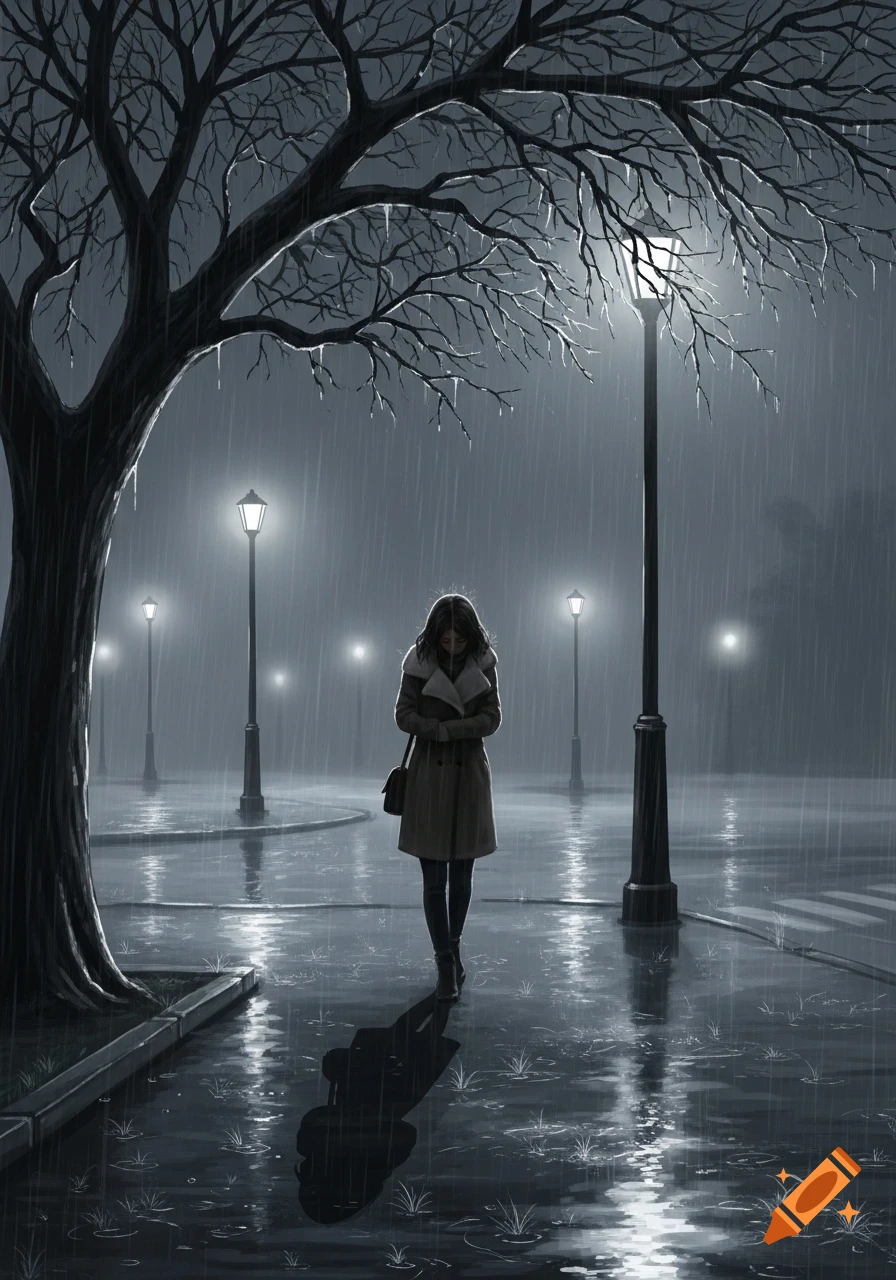 A young woman walks alone on a rainy street at night, illuminated by street lamps, in a melancholic illustration.