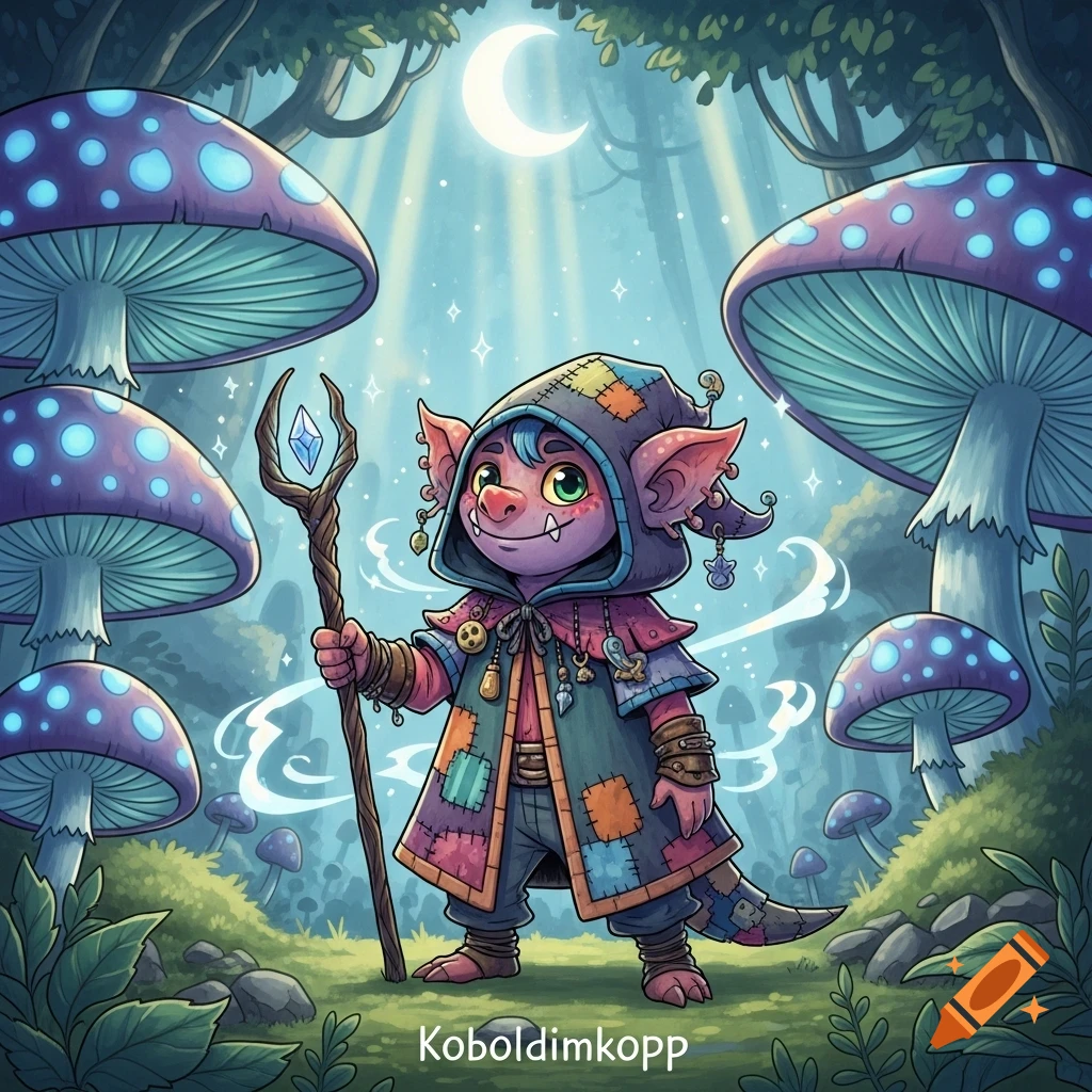A cute goblin-like creature in a patched cloak holds a glowing staff in a magical forest with giant mushrooms and a crescent moon.