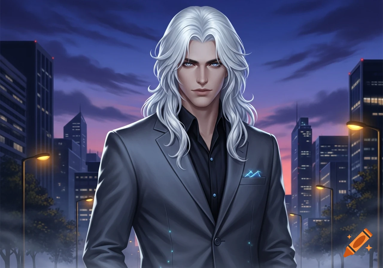 A digital art portrait of a man with long white hair and blue eyes, wearing a dark suit in a city at dusk.