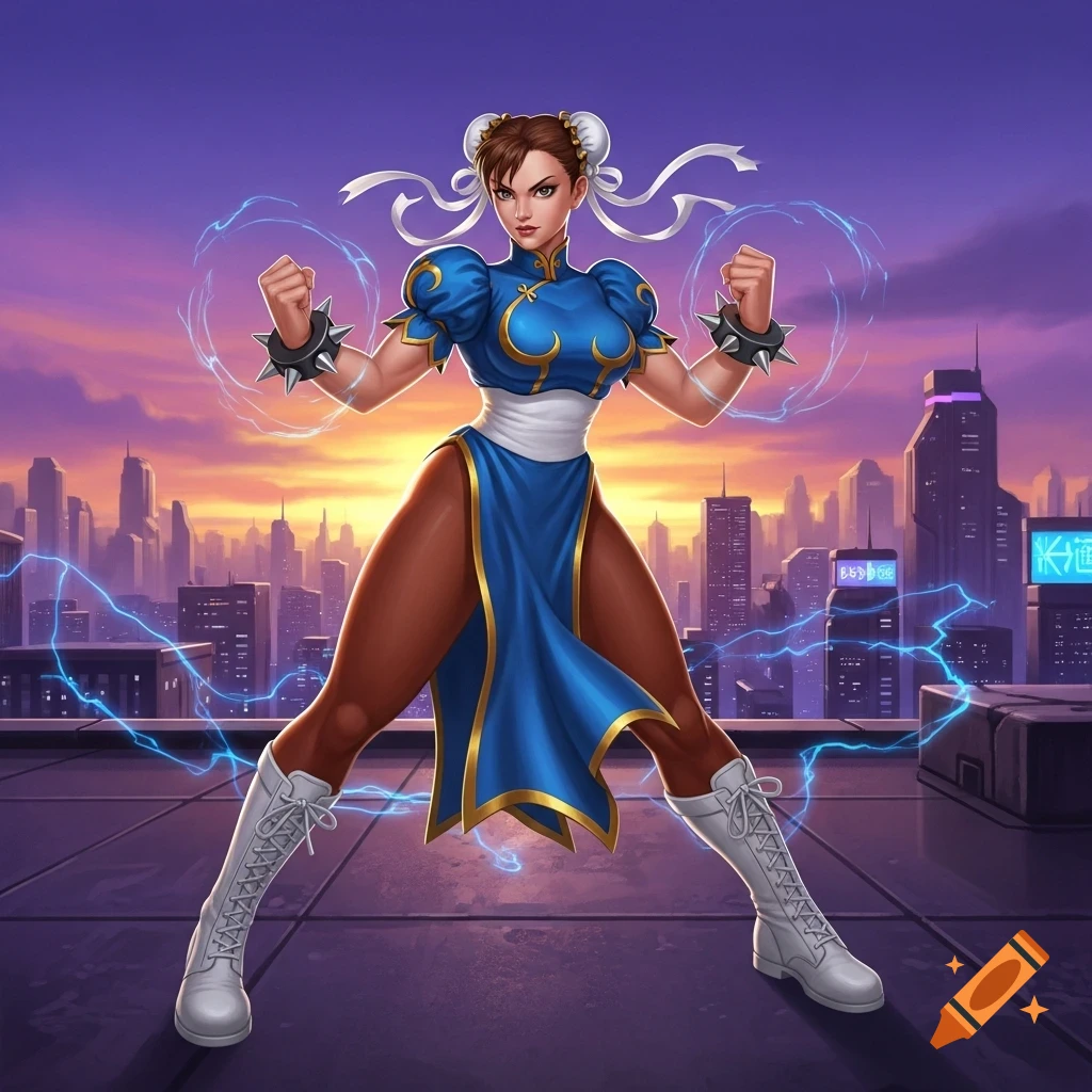 Chun-Li from Street Fighter stands powerfully on a rooftop at sunset, with lightning effects around her fists and a futuristic city skyline in the background.