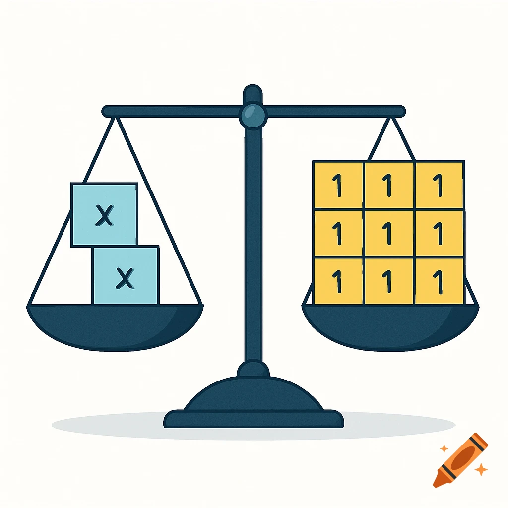 Illustration of a blue balance scale. On the left are two blue boxes labeled 'x'. On the right are nine yellow boxes labeled '1', arranged in a 3x3 grid.