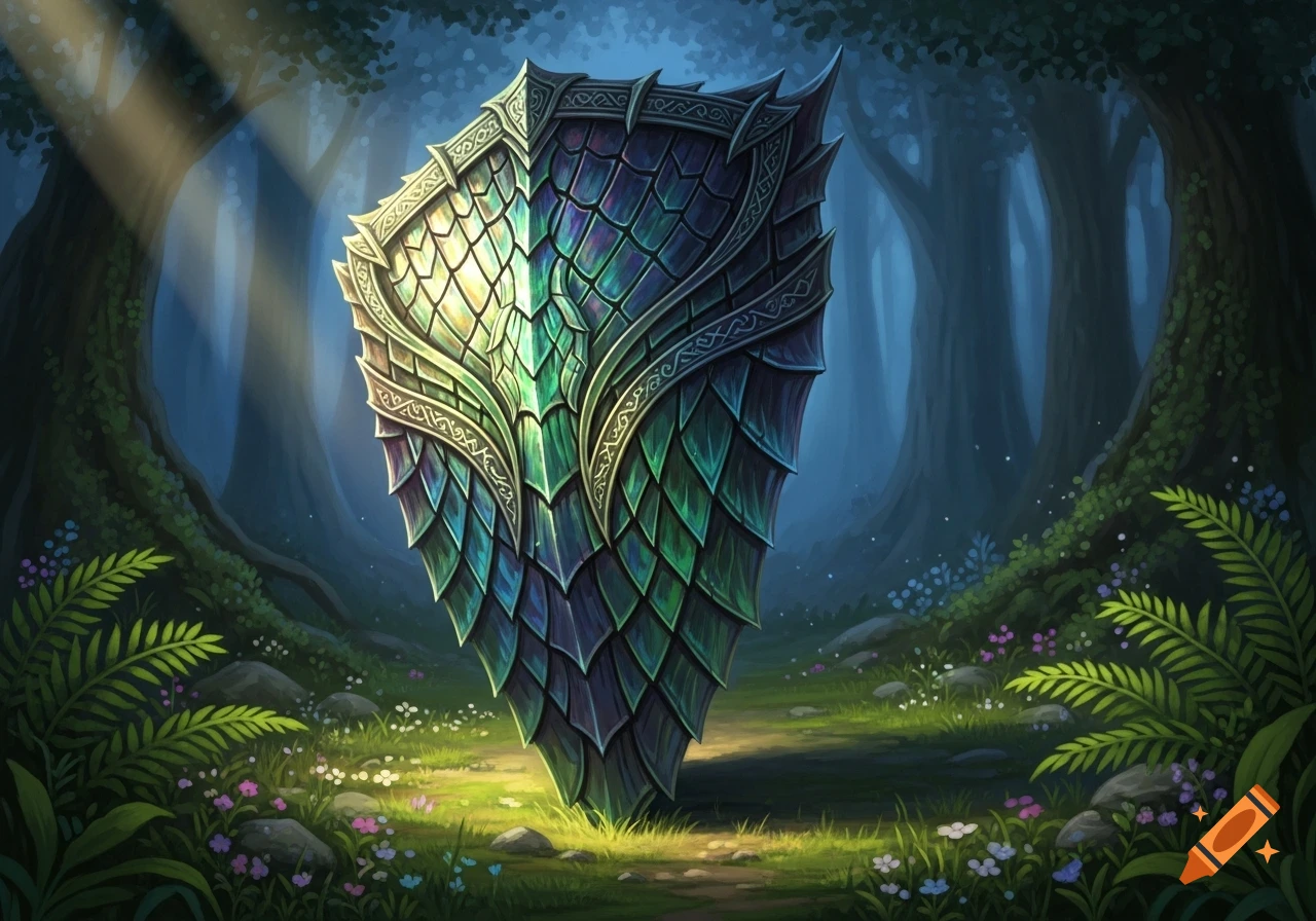 A vibrant fantasy shield with shimmering green and purple scales and intricate golden patterns stands in a sunlit forest clearing.