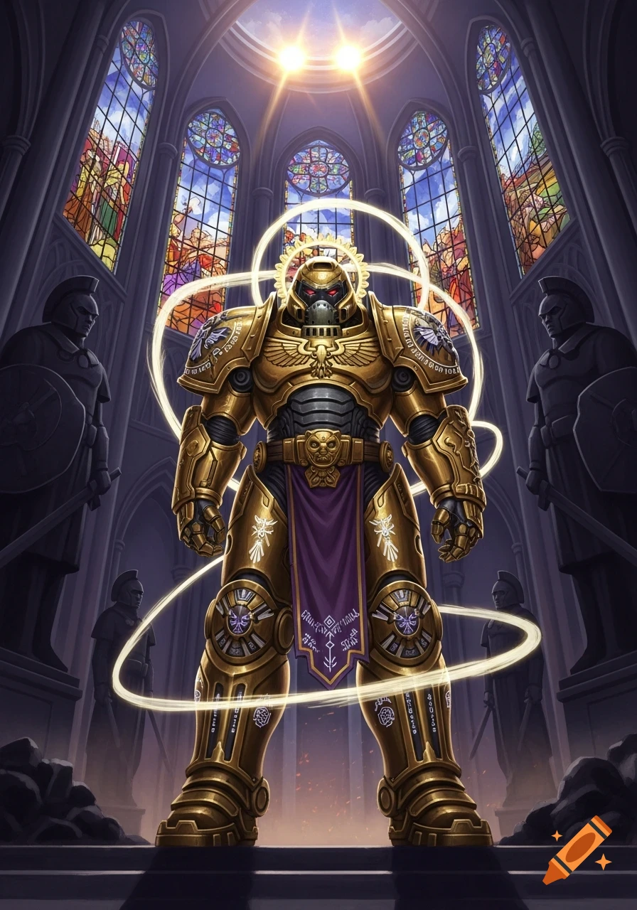 A heavily armored golden figure, a hybrid of the Doom Slayer and God-Emperor of Mankind, stands in a gothic cathedral with stained-glass windows, bathed in light and glowing rings.