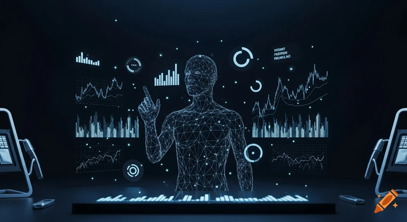 Wireframe digital avatar pointing at floating holographic data charts and graphs in a dark, futuristic control room.
