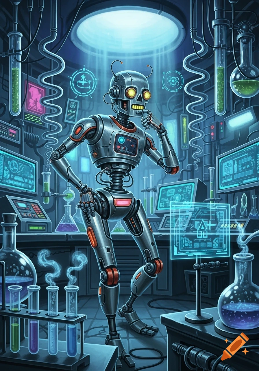 A retro-futuristic robot with glowing yellow eyes in a futuristic science laboratory filled with glowing test tubes and monitors.