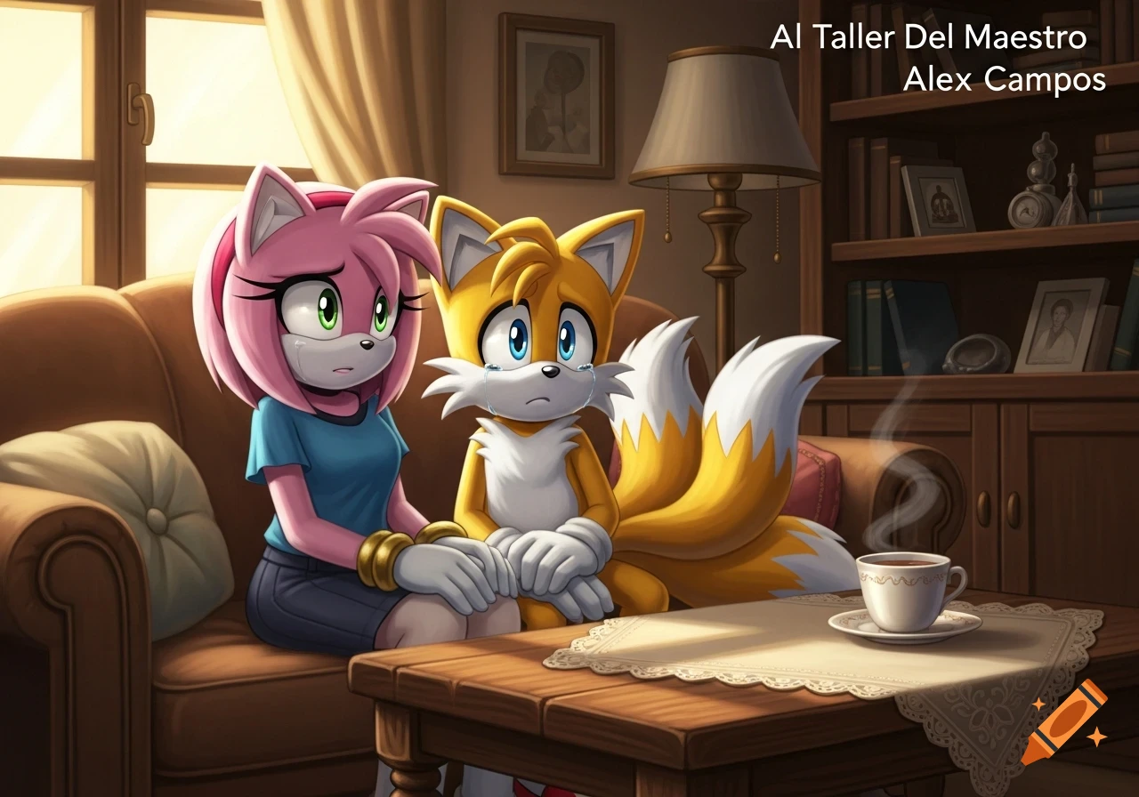 Amy Rose and Tails, pink and yellow cartoon characters, sit sadly crying on a brown couch in a cozy room, with a steaming coffee cup on a table.