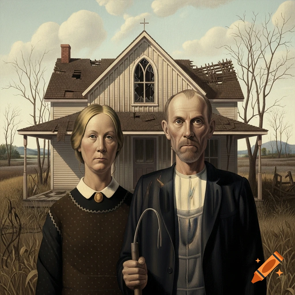 A man and woman with serious expressions stand in front of a dilapidated house, reminiscent of the American Gothic painting.