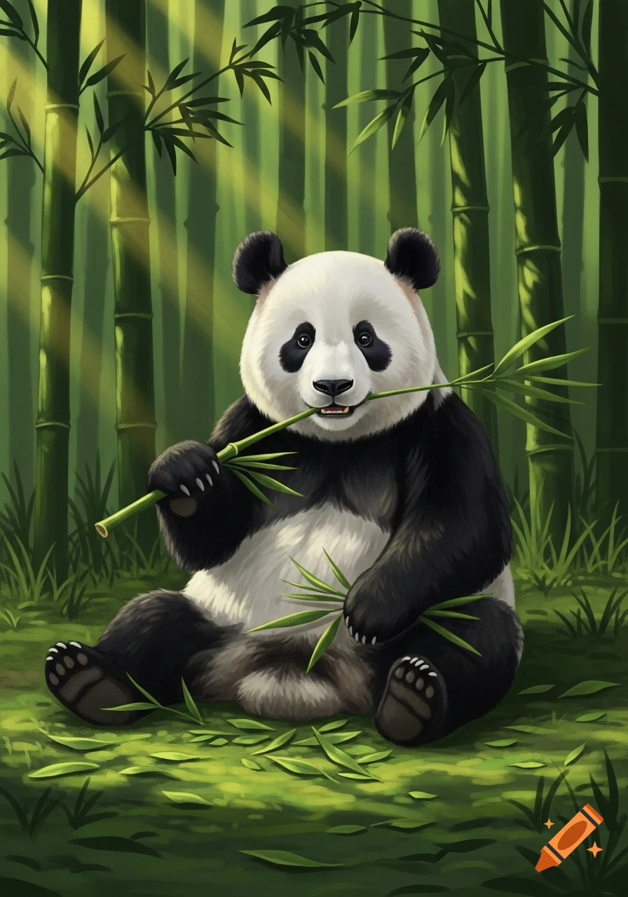A cute illustrated panda sits happily in a bamboo forest, munching on a large stalk of bamboo.