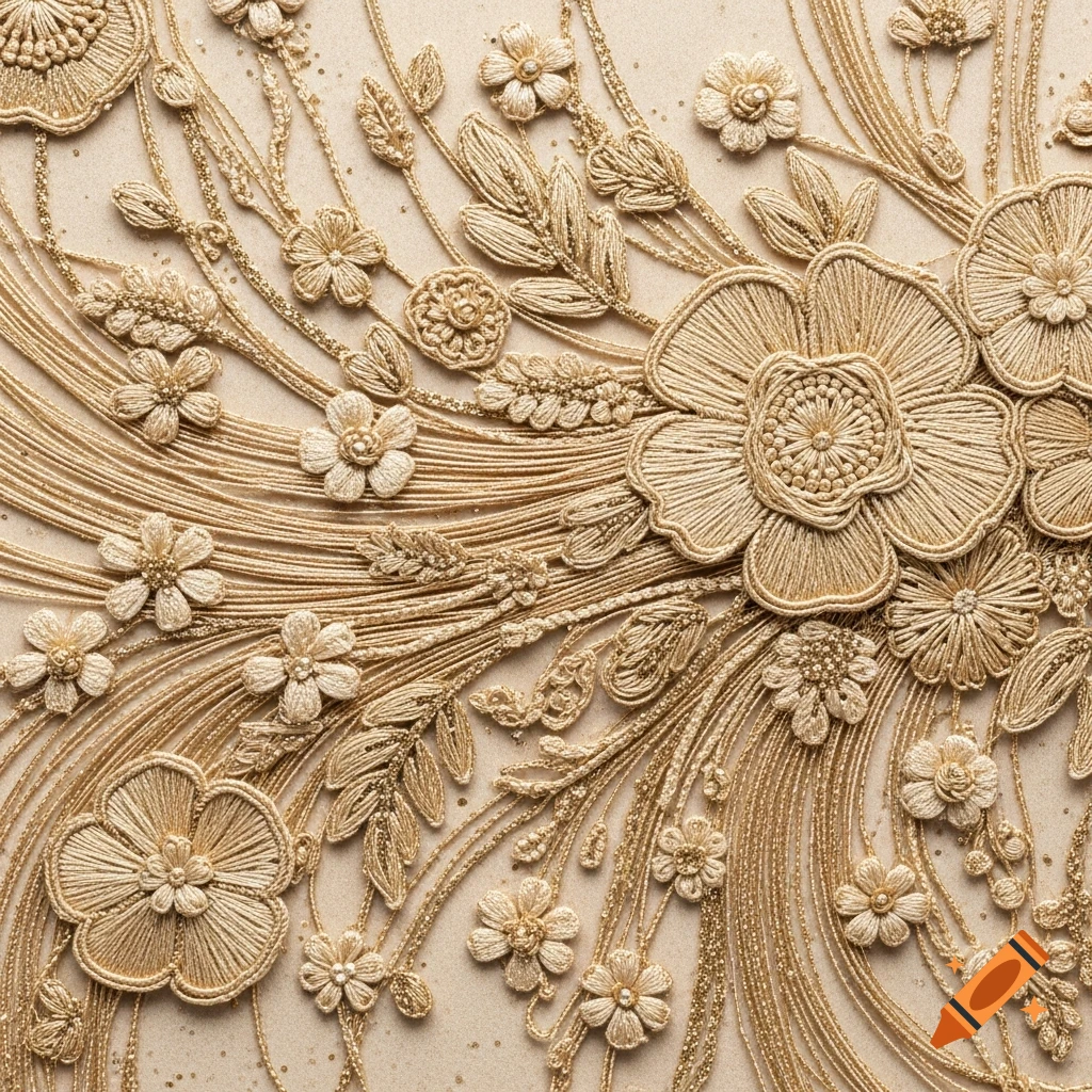 Intricate golden embroidery featuring flowers, leaves, and flowing threads with glitter on a beige background.