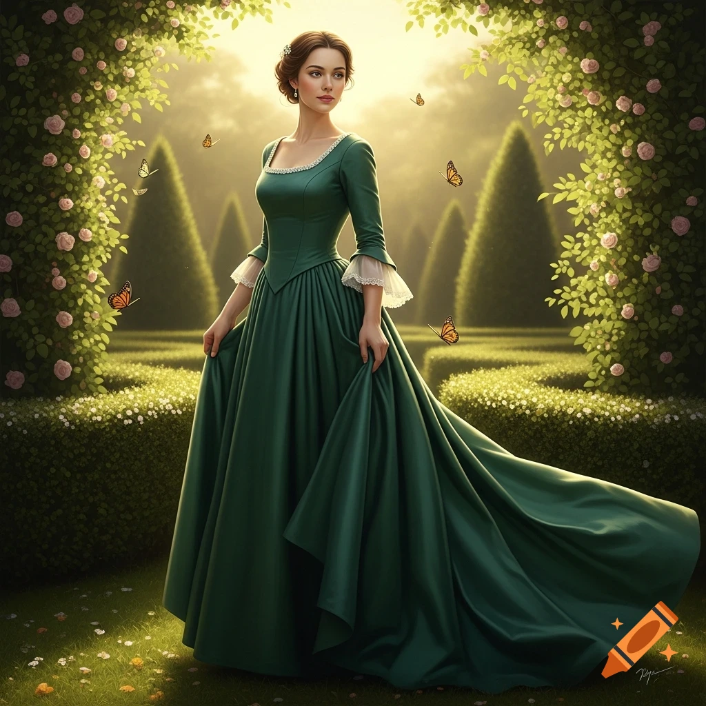 A woman in a flowing dark green gown with lace cuffs stands in a lush, sunlit rose garden with butterflies, looking to the side. Photorealistic.