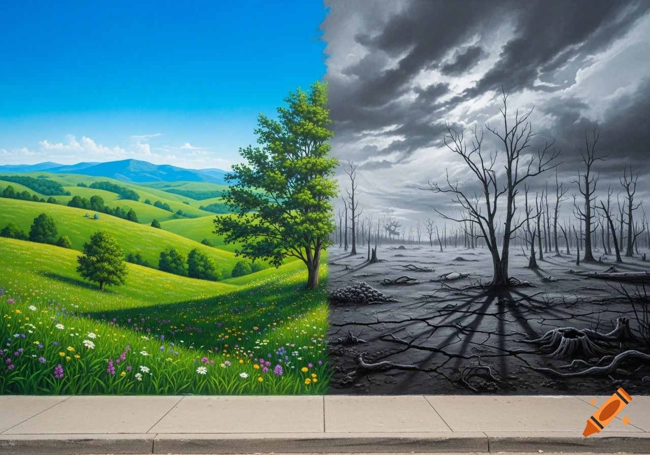 A mural depicting a vibrant green, flowery landscape on the left, contrasted with a barren, gray wasteland of dead trees on the right.