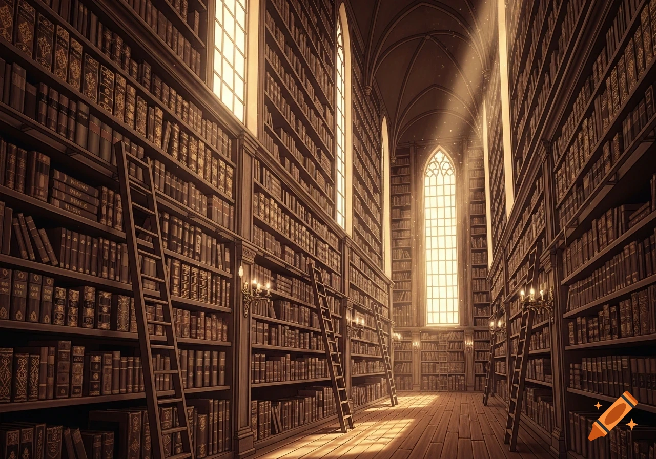 A grand, tall library with rows of bookshelves, rolling ladders, and ...