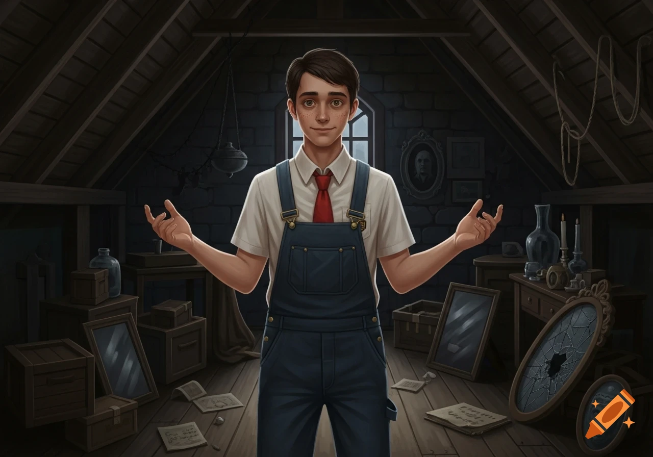 A young man with a white shirt, red tie, and blue overalls stands with arms outstretched and a slight smile in a dark, cluttered attic.