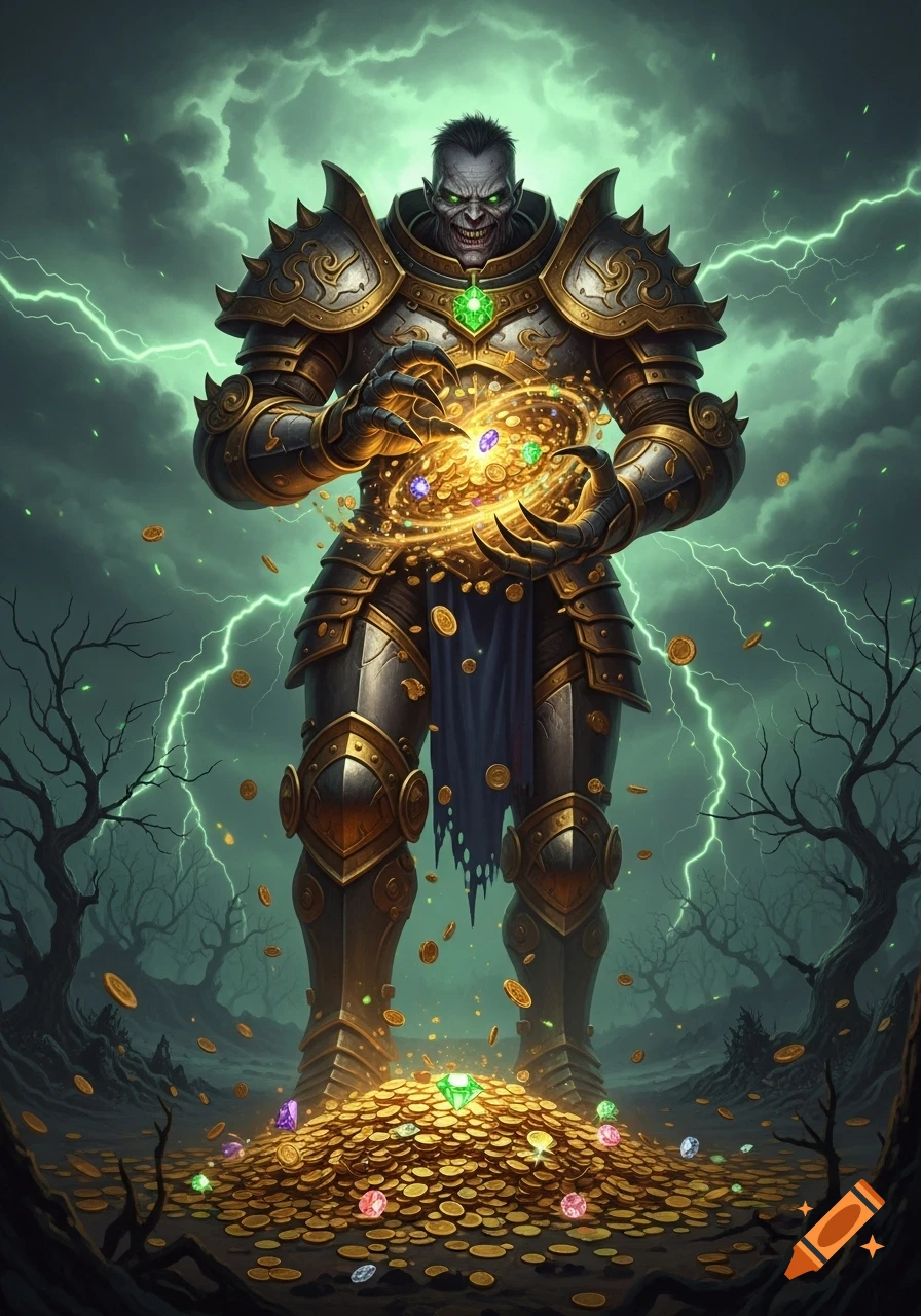 A monstrous armored creature with green eyes clutches glowing treasure ...