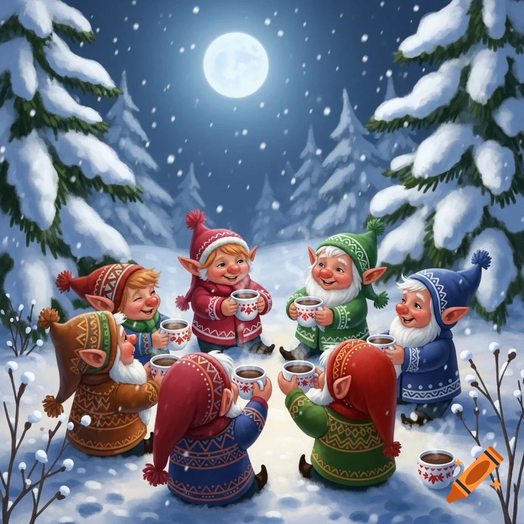 Cartoon gnomes in a snowy forest at night drink from mugs while snow falls under a full moon.