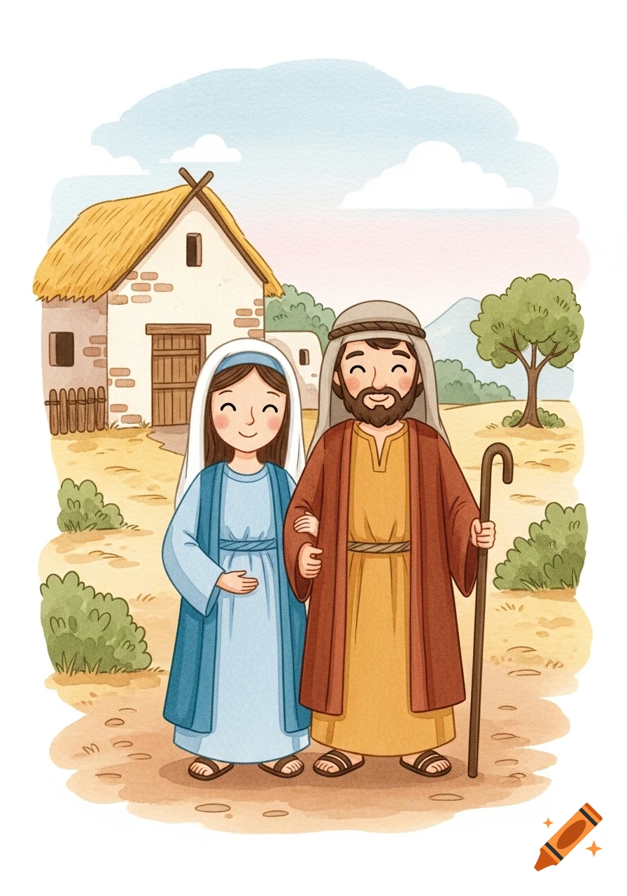 Gentle watercolor illustration of Mary and Joseph with friendly faces, standing in front of a small house with a thatched roof.