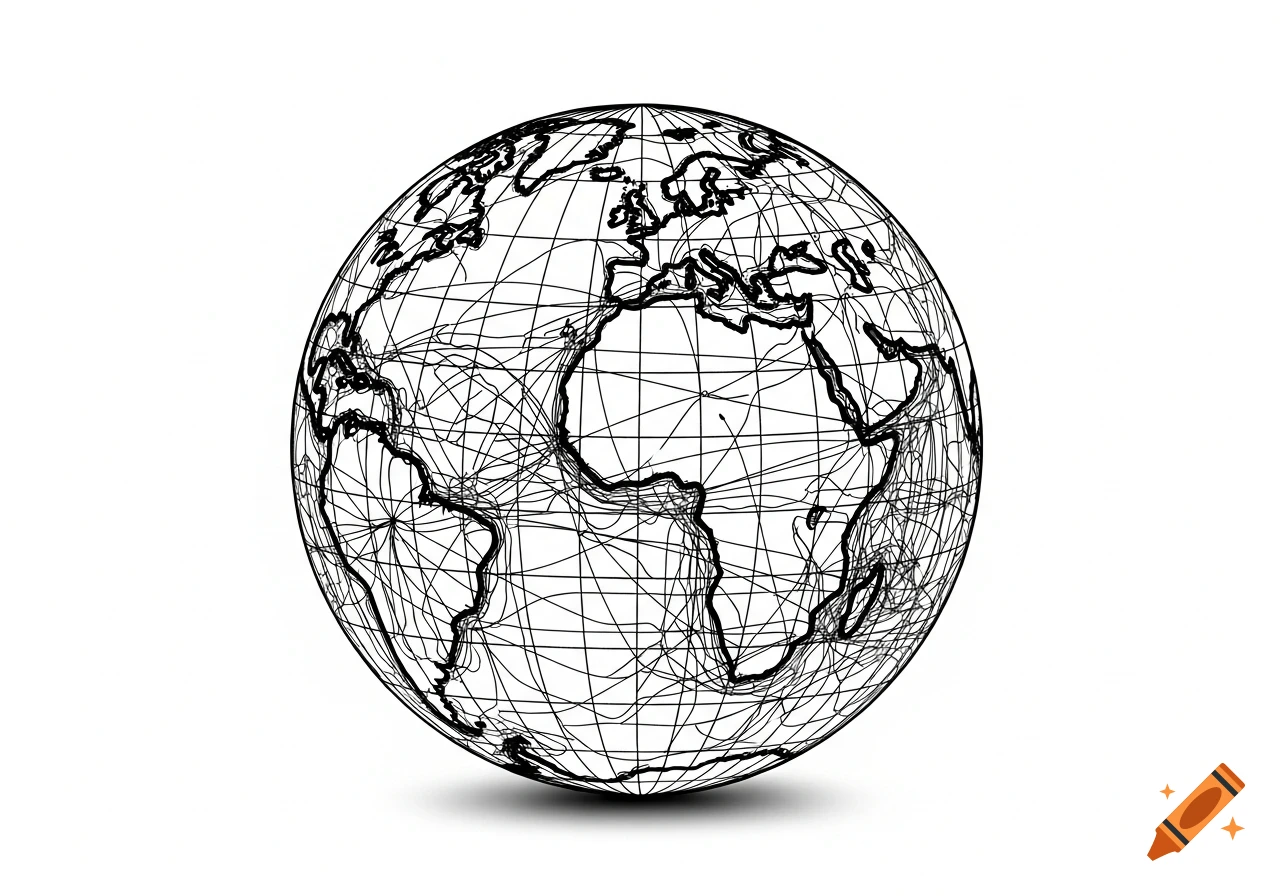 Black and white line drawing of a globe showing continents connected by a dense network of lines on a white background.