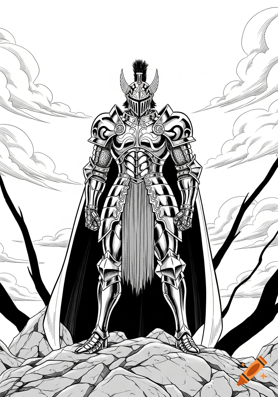 A black and white manga-style drawing of a knight in elaborate armor with a cape, standing on a rocky terrain under a cloudy sky.