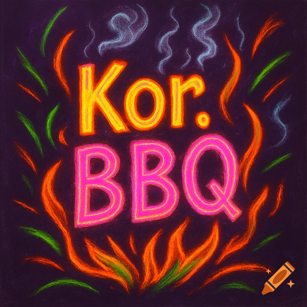 Neon chalk art sign for 'Kor. BBQ' with glowing yellow and pink text, surrounded by orange and green flame-like elements and blue smoke on a dark background.