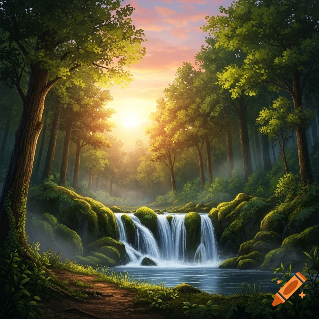 Vibrant animated forest landscape with a cascading waterfall, illuminated by a golden sunrise or sunset.