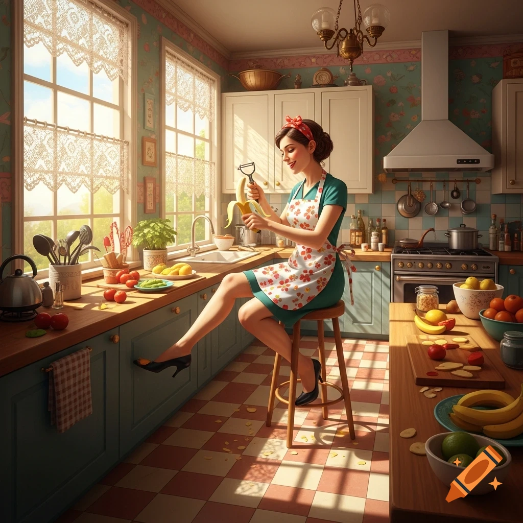 A smiling woman in a vintage kitchen peels a banana with a potato peeler, sitting on a stool.