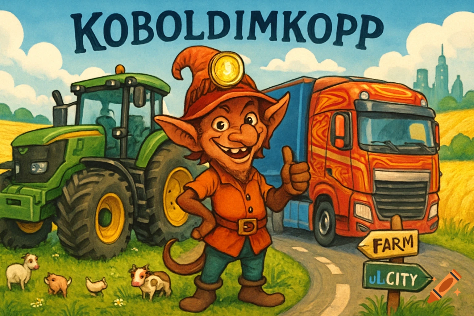 A smiling, orange-skinned goblin-like character with a pickaxe on his hat gives a thumbs-up in a cartoon illustration. Behind him are a green tractor, an orange semi-truck, small farm animals, and a sign pointing to 'FARM' and 'ULCITY', with 'KOBOLDIMKOPP' at the top.