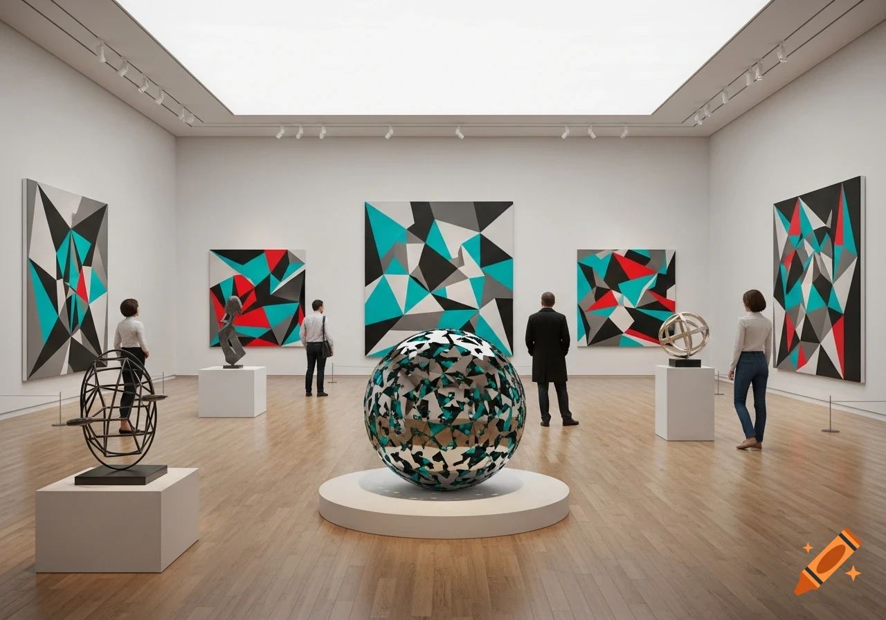 People view abstract paintings and modern sculptures in a clean, brightly lit art gallery.