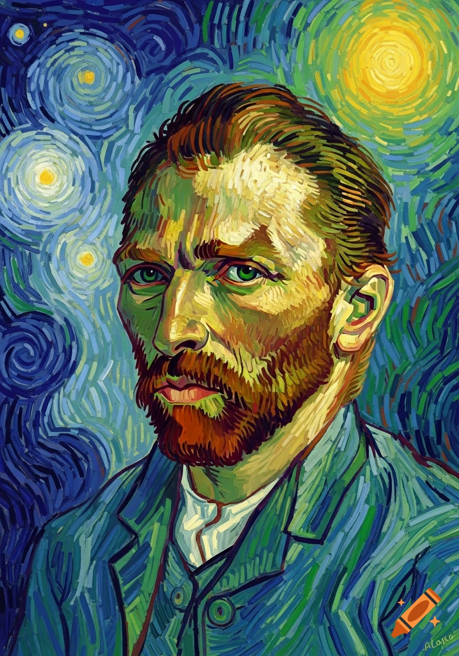 A stylized self-portrait of a man with a red beard and green eyes, painted with thick, vibrant brushstrokes reminiscent of Van Gogh, against a swirling starry blue and yellow background.