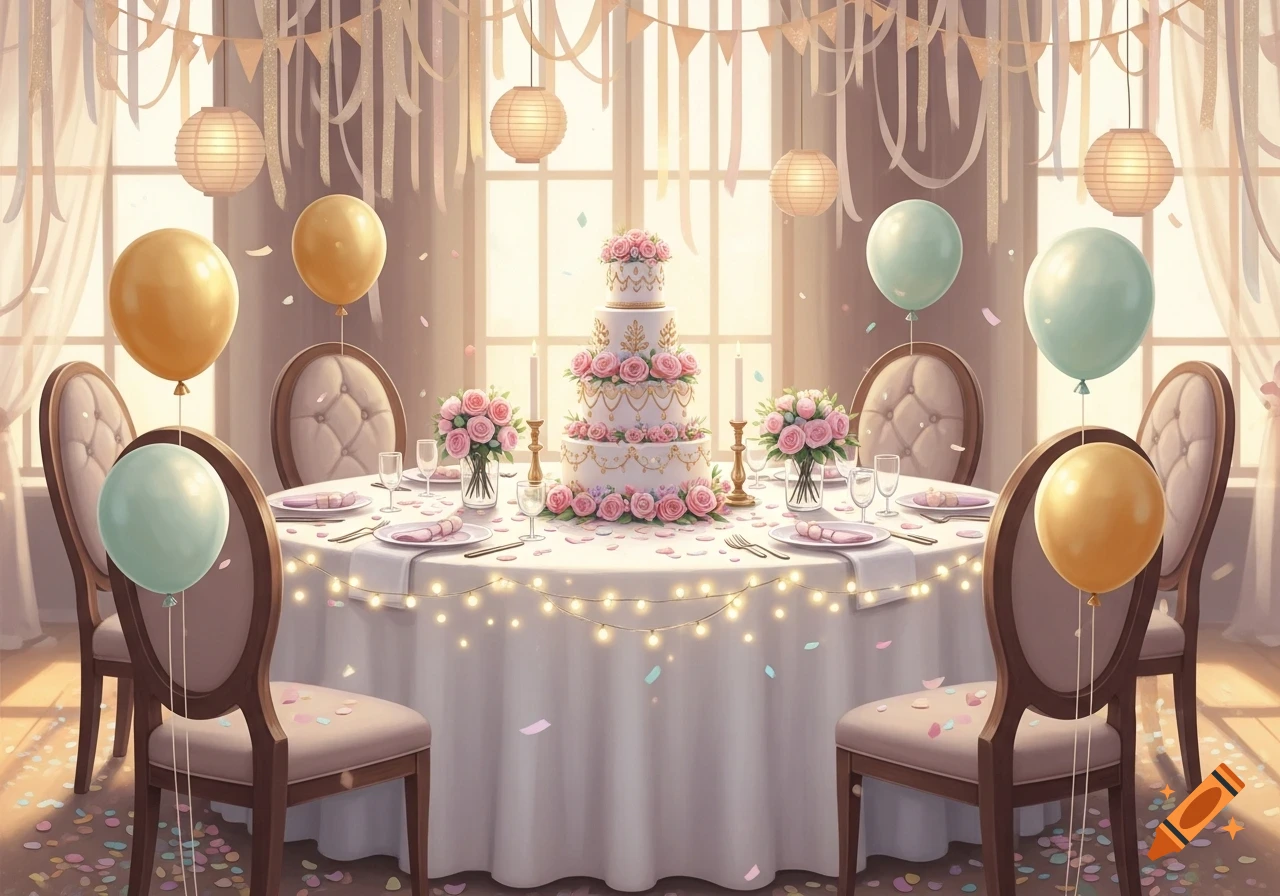 A beautifully decorated table for a celebration with a tiered cake, pink roses, balloons, string lights, and confetti.