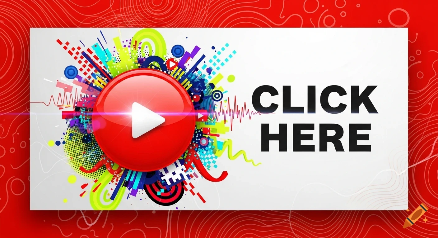 YouTube thumbnail graphic with a red play button, colorful abstract shapes, and "CLICK HERE" text on a white banner.