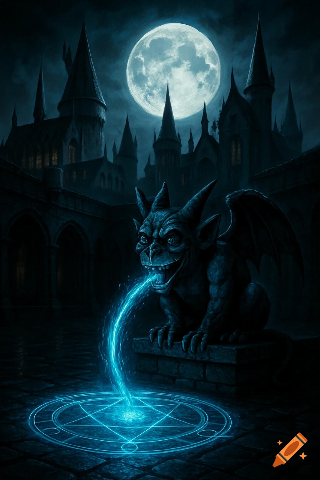 A grinning gargoyle statue spits blue magical energy into a glowing arcane circle on the ground in a dark, gothic castle courtyard under a bright full moon.