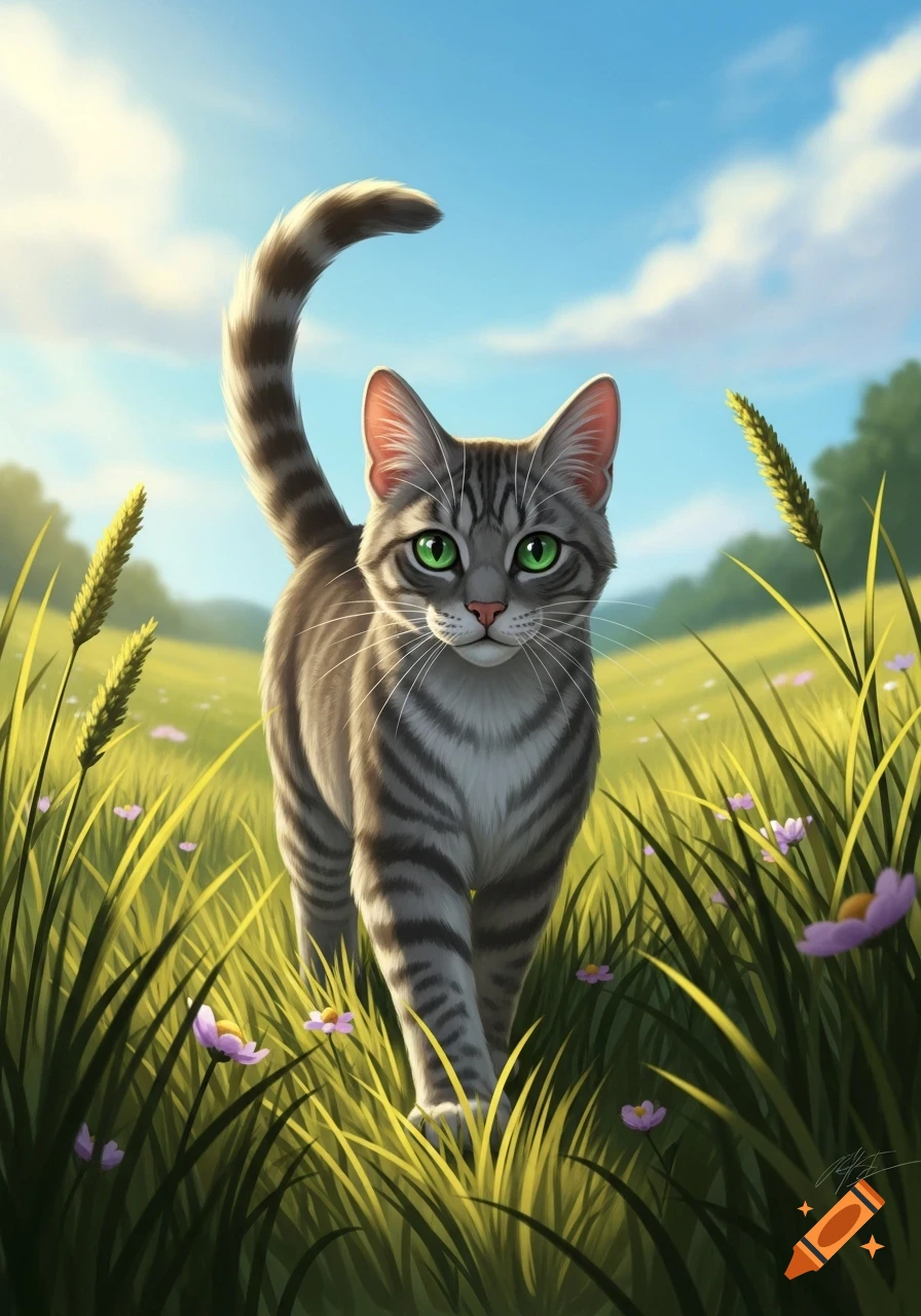 A grey tabby cat with bright green eyes walks through a sunny field of ...