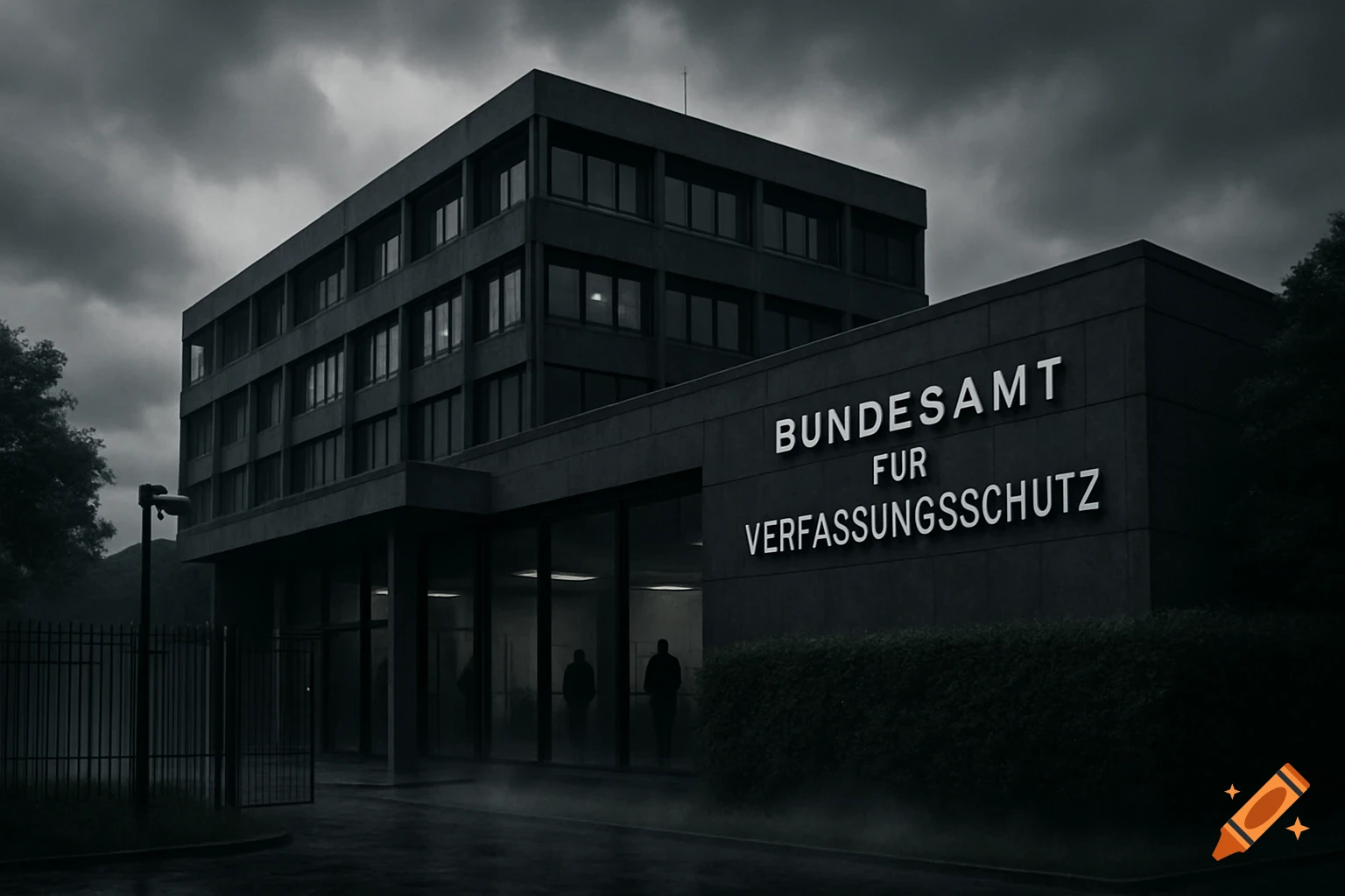 A dark, moody exterior shot of a modern, brutalist-style government building under a cloudy sky, with the German words "Bundesamt für Verfassungsschutz" on the facade. Two blurred figures are visible inside the glass entrance.