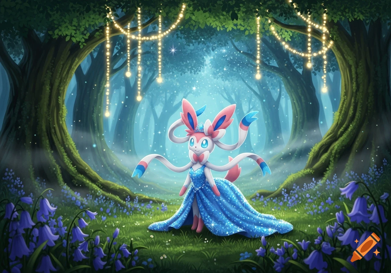 A Sylveon Pokemon in a sparkling blue princess gown stands elegantly in a magical forest with twinkling lights and bluebell flowers.