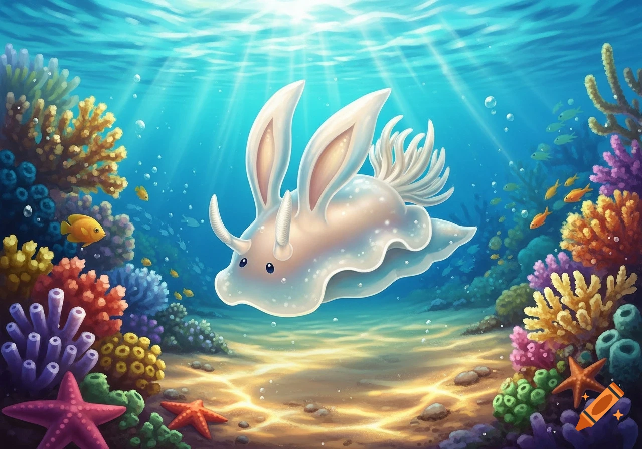 A cute white sea bunny sea slug with bunny ears floats among colorful coral in a vibrant, sunlit underwater scene.