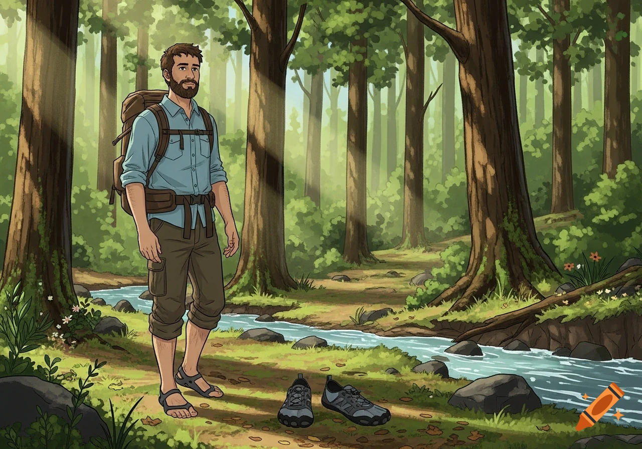 A bearded man with a backpack and sandals stands by a forest stream with shoes on the ground, in a cartoon illustration.
