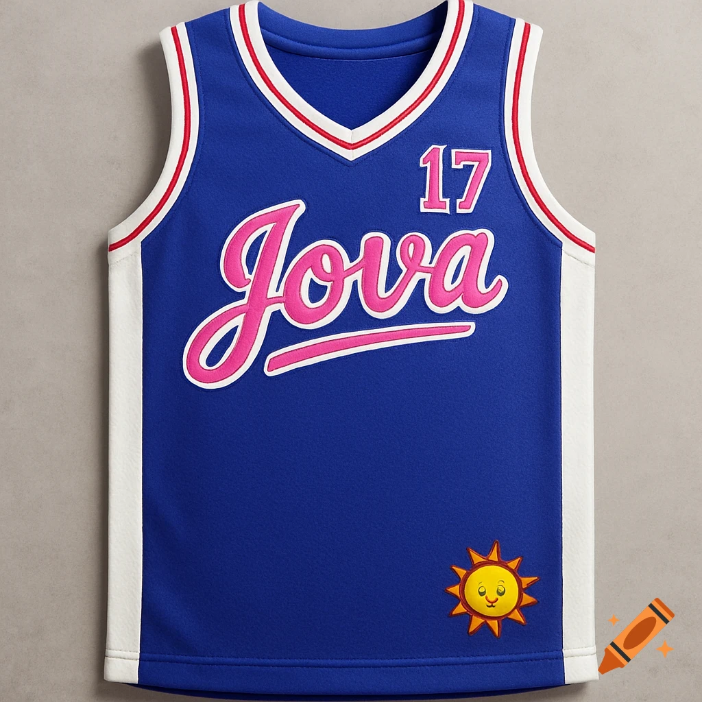 A blue basketball jersey with white stripes, red trim, pink 'Jova' text, number 17, and a cartoon sun logo.