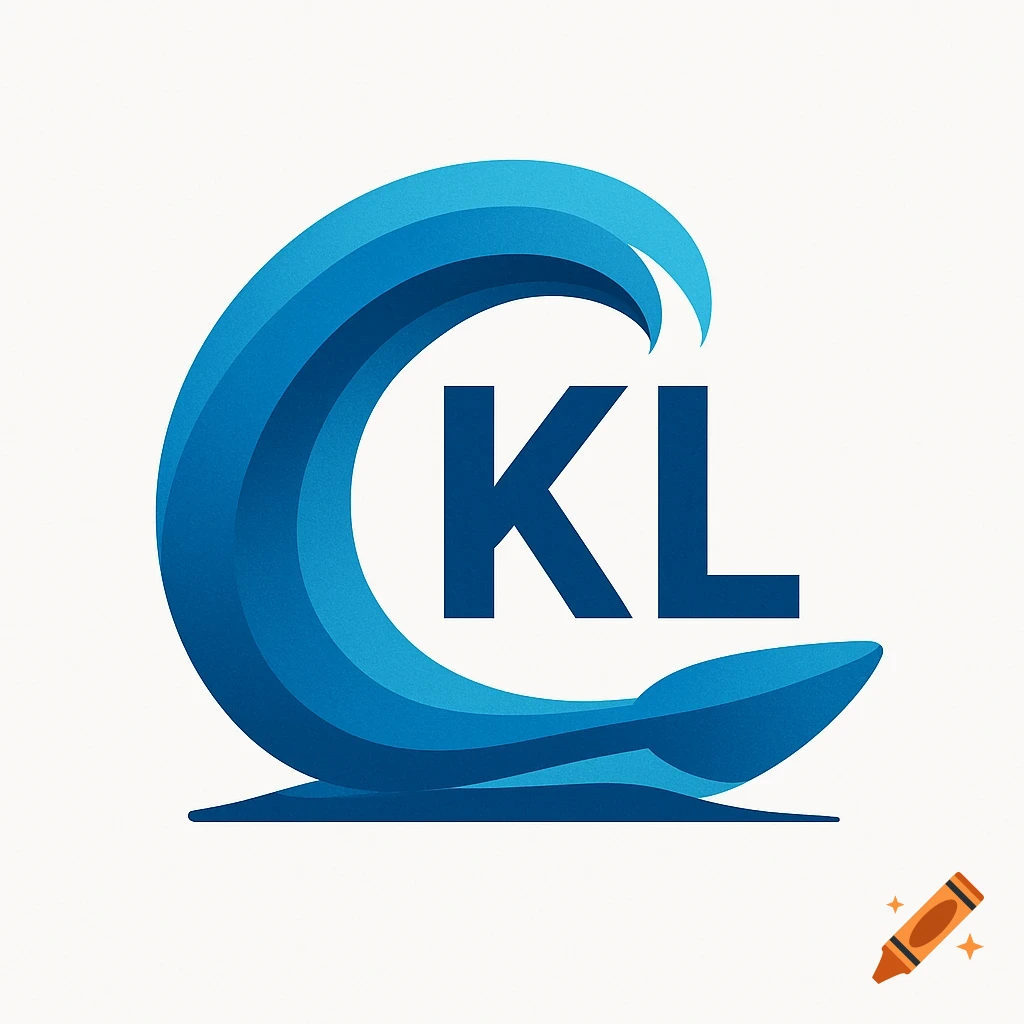 A logo with dark blue letters KL in the center of a stylized blue wave, with a flask-like shape below.