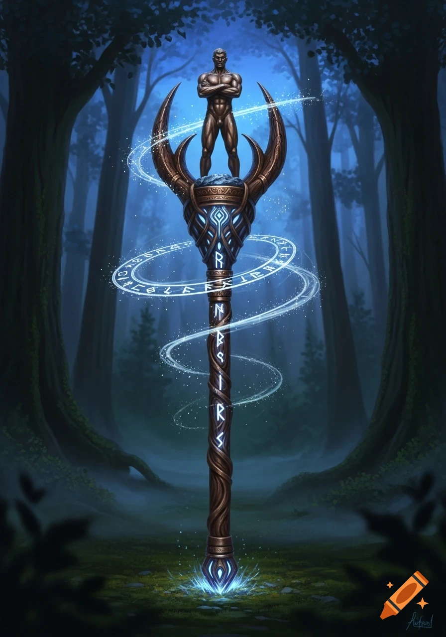 A tall, ornate magical staff with a bronze statue of a muscular man on top, glowing runes, set in a mystical forest.